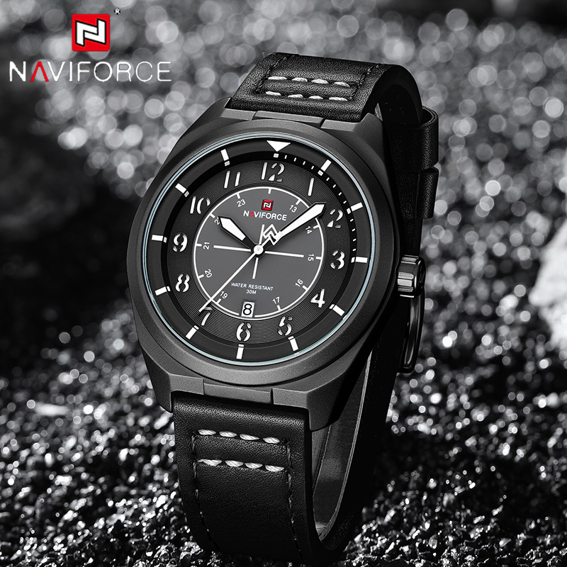 Leather Watch Band Men - Мужские кварцевые часы NAVIFORCE, водонепроницаемость 3ATM,